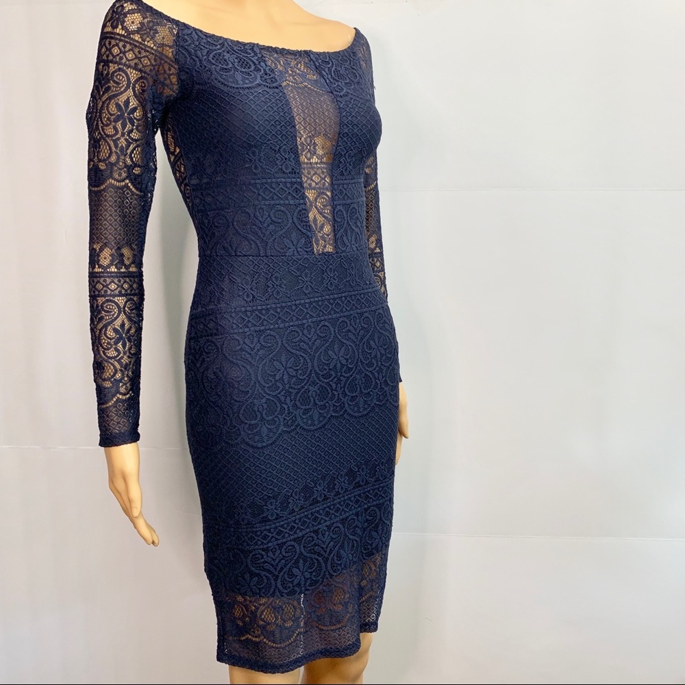 SOLD Navy Blue Lace Off Shoulder Cocktail Dress